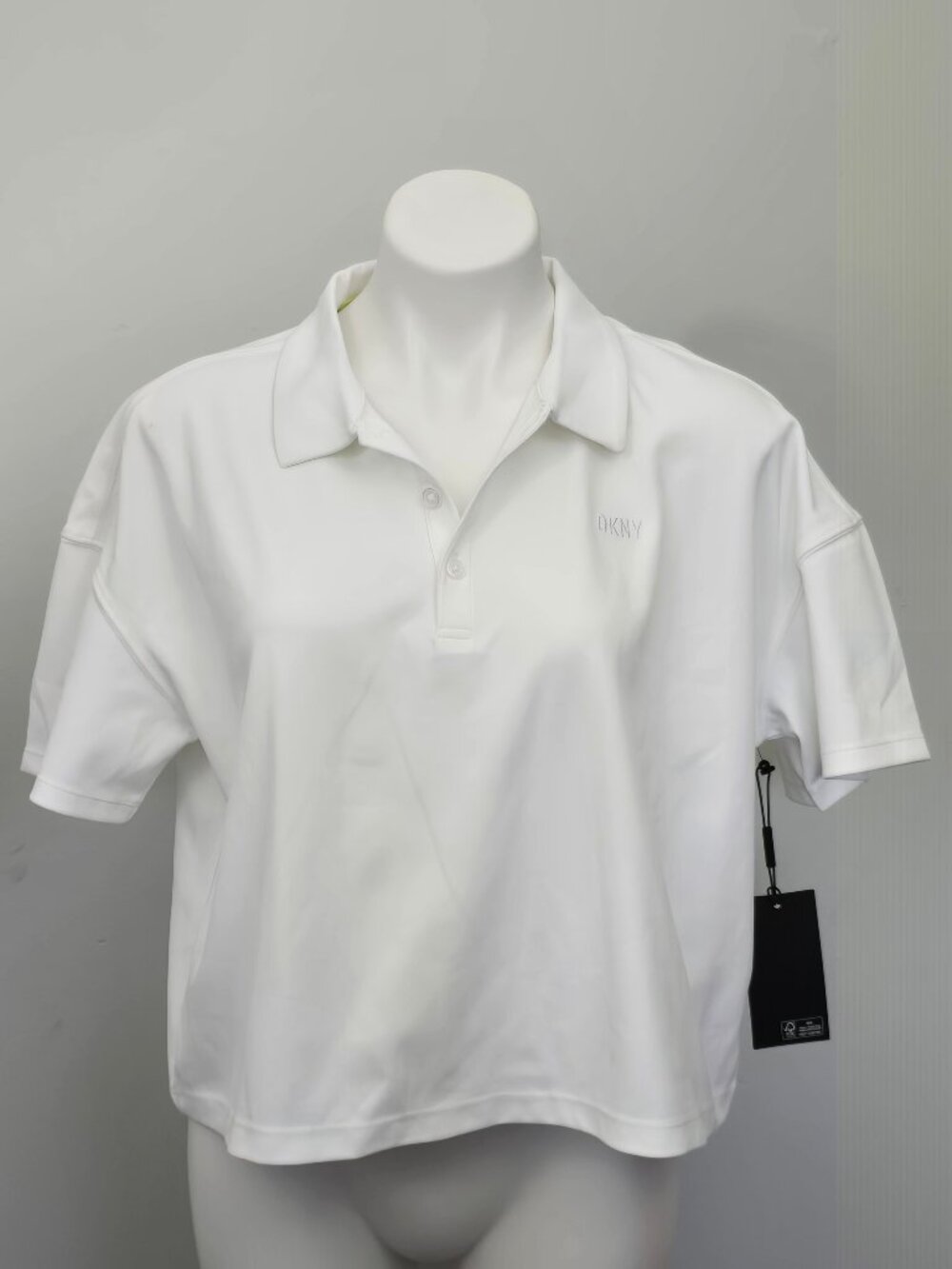 NWT DKNY Sport Cropped Polo White Women’s Large Relaxed Fit Short Sleeve Top